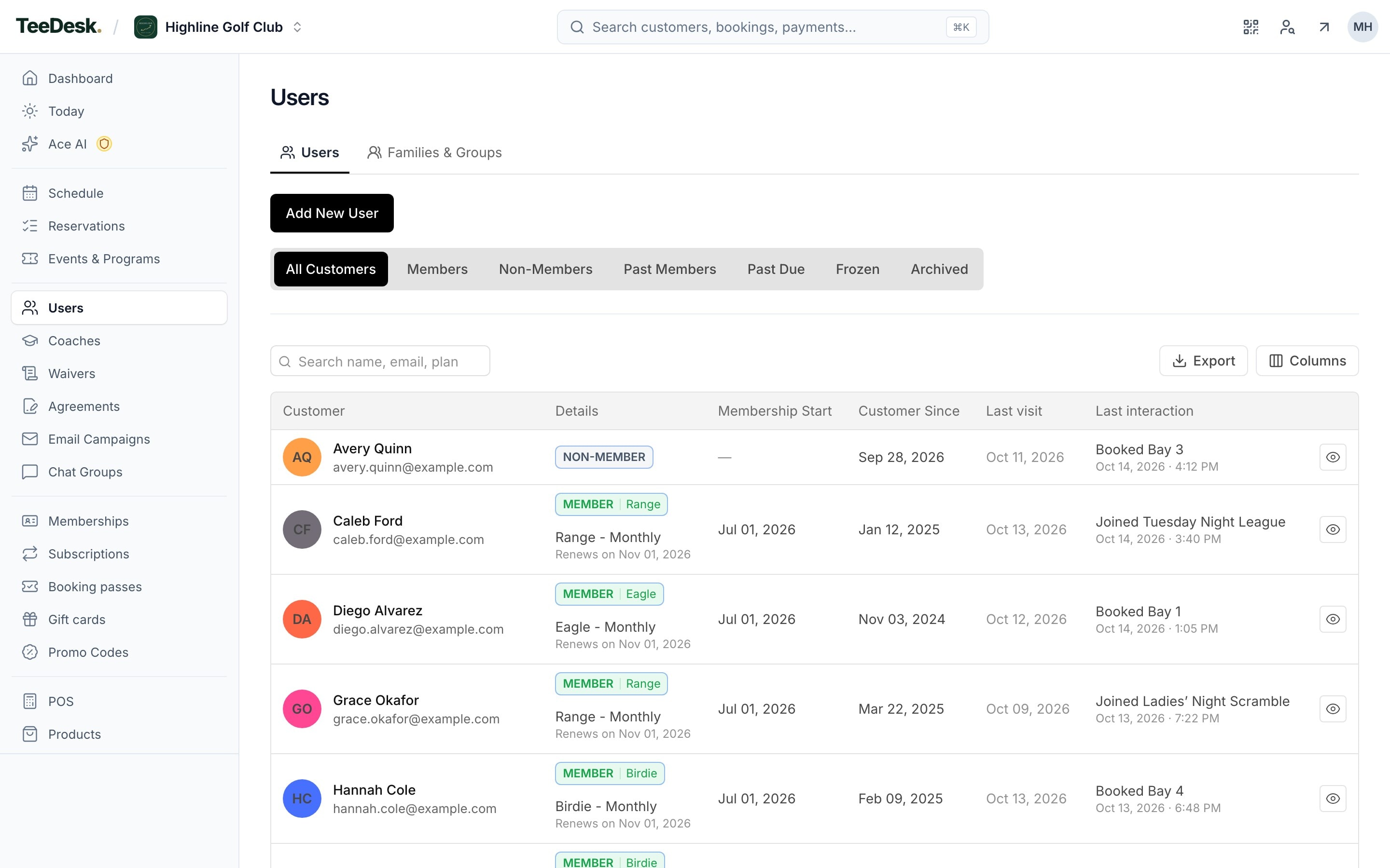 The TeeDesk customer list with membership plans, renewal dates and recent activity
