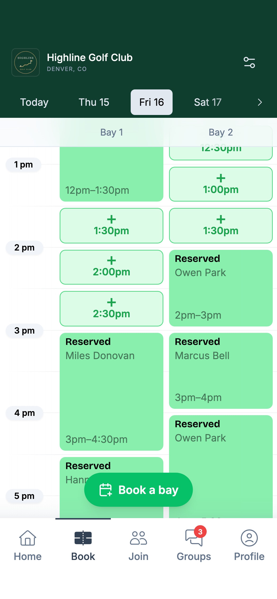 The bay schedule in the TeeDesk app, with open and booked slots