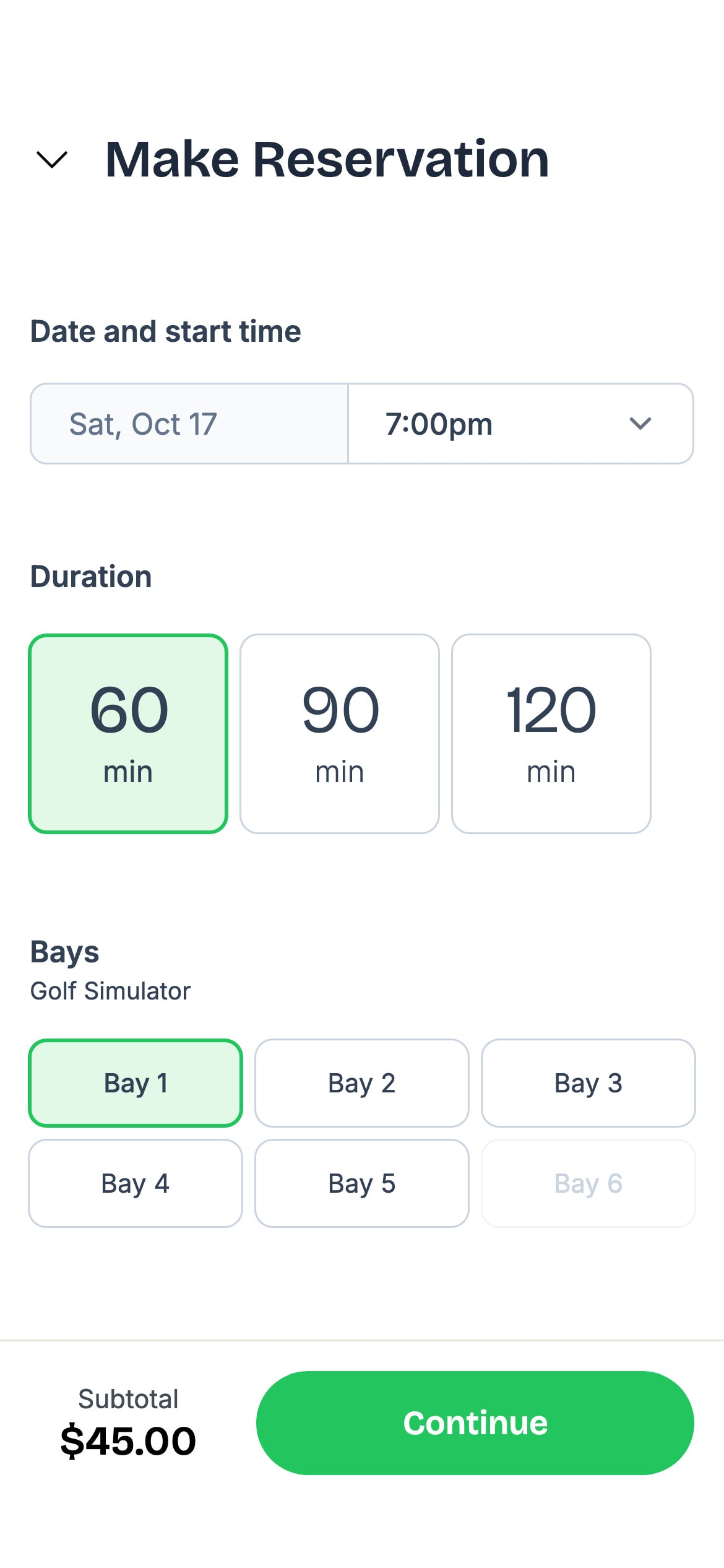 Booking a bay in the TeeDesk app: date, duration and bay