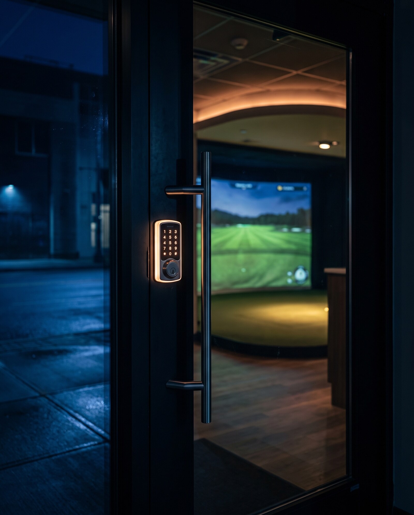 The glass door of an indoor golf club at night, with a keypad lock and a lit simulator bay inside