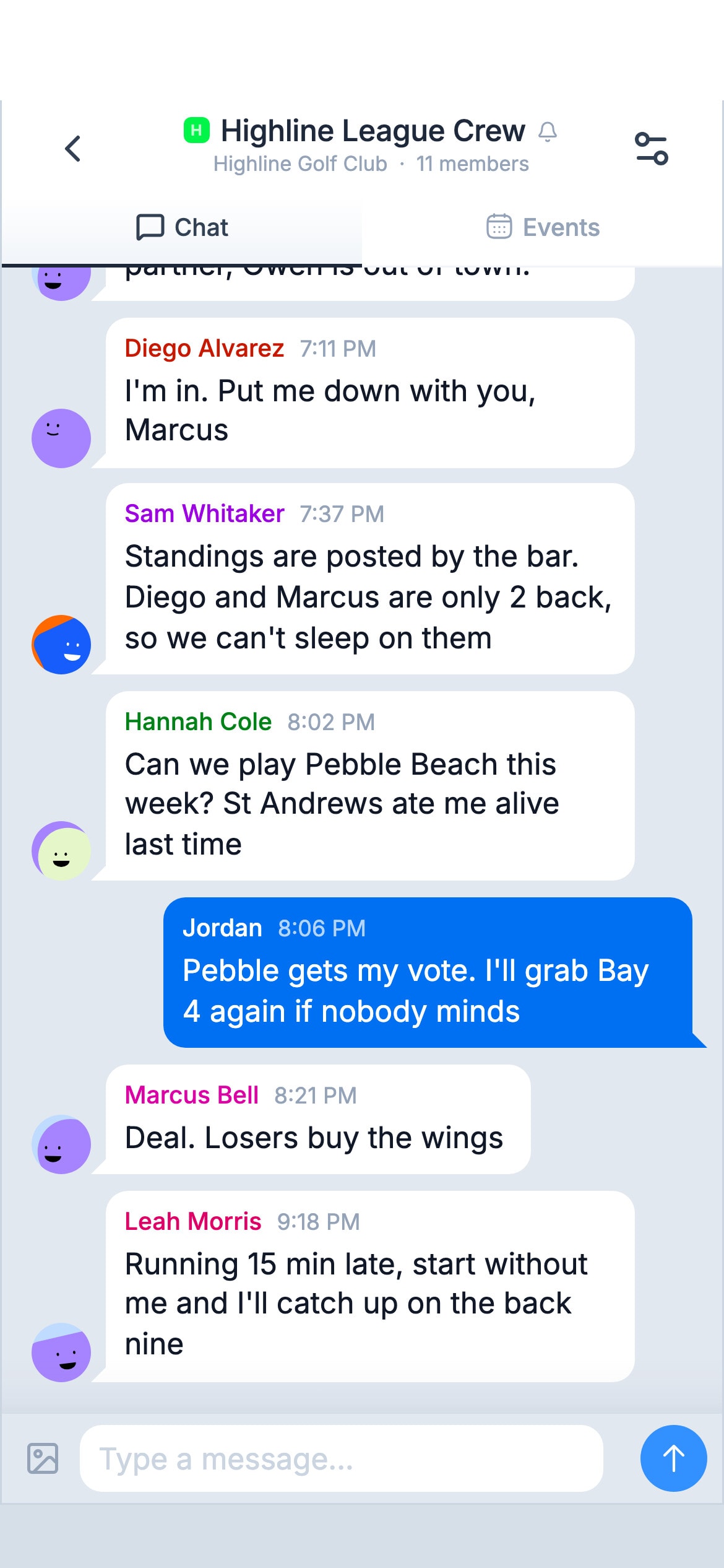 A league's group chat in the TeeDesk app