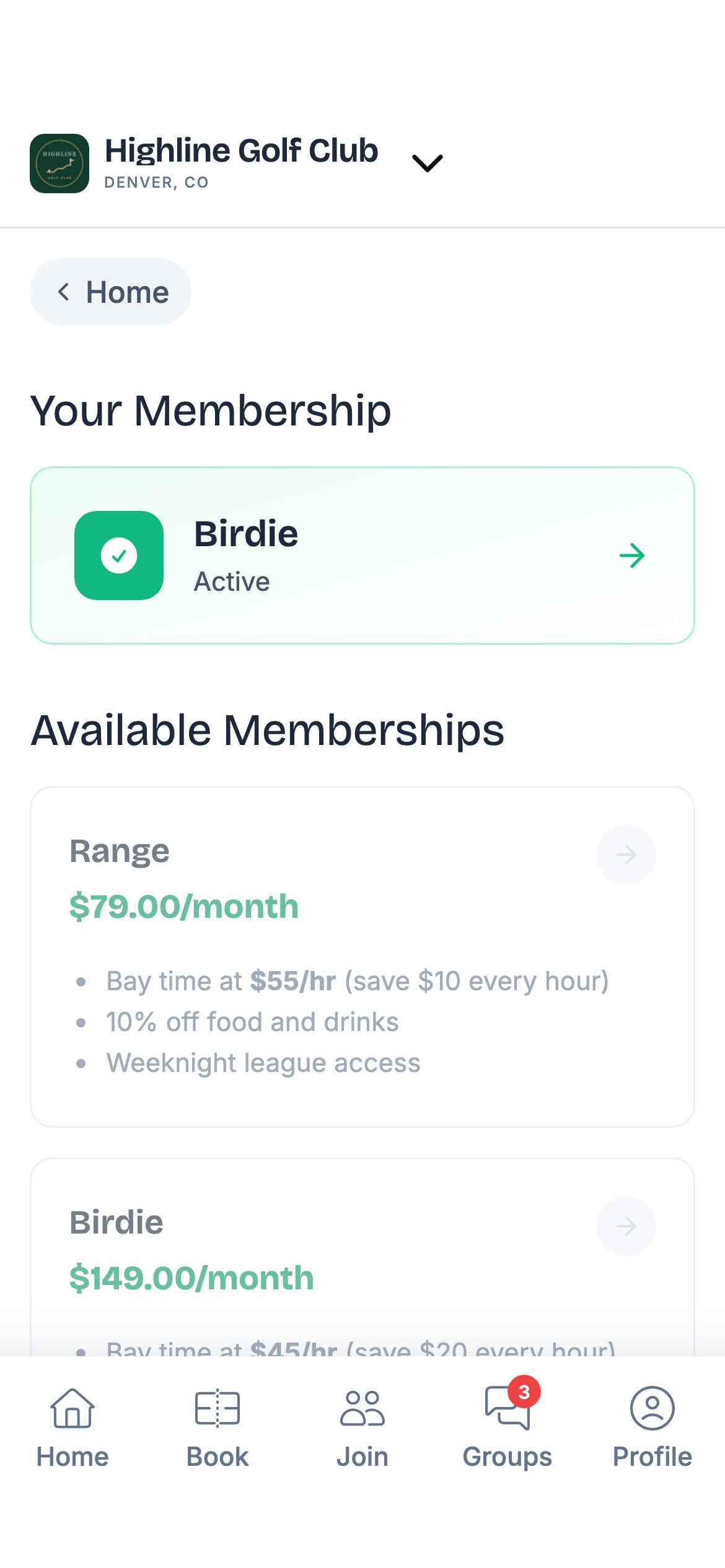 A member's active membership and the venue's membership plans in the TeeDesk app